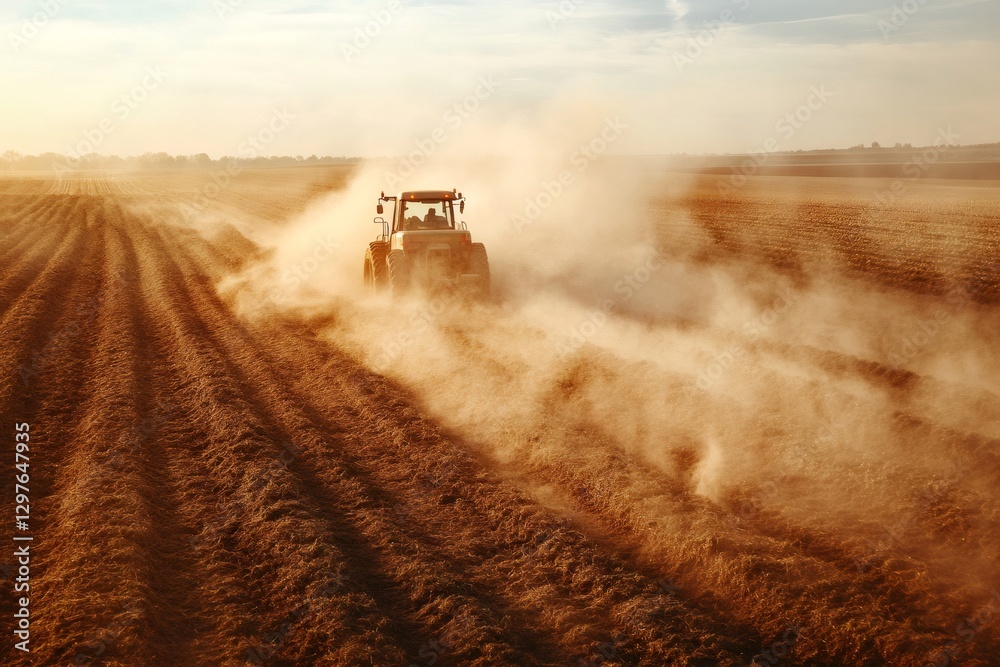 Fototapeta premium Tractor plowing field and raising dust at sunset