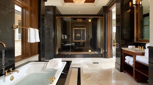 A luxurious spa-inspired bathroom with a sunken bathtub, black marble walls, gold fixtures, and a glass-enclosed rainfall shower.