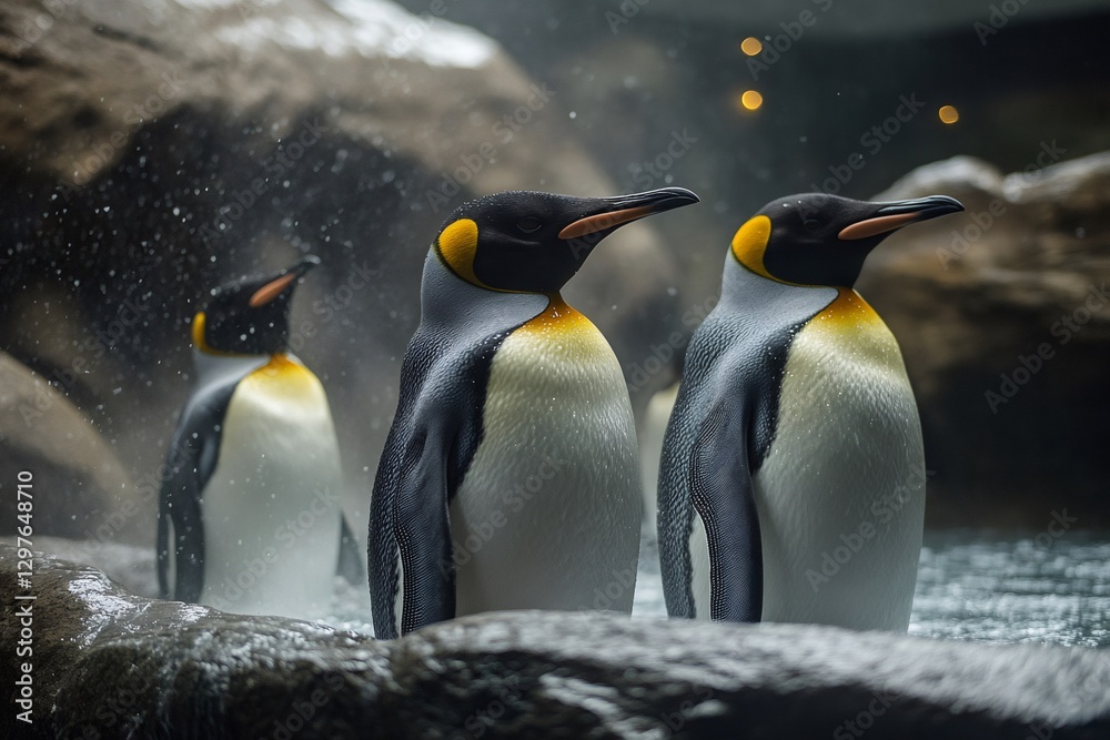 Fototapeta premium King penguins standing on rocks in zoo enclosure