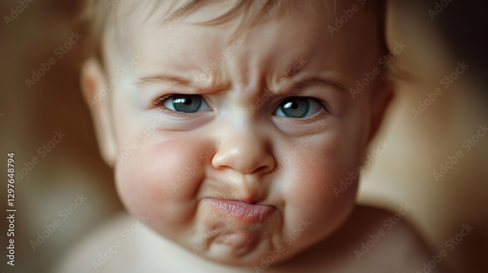 Close-up portrait of a baby with an angry expression on their face looking directly at the viewer Close-up portrait of a baby with an angry expression on their face looking directly at the viewer