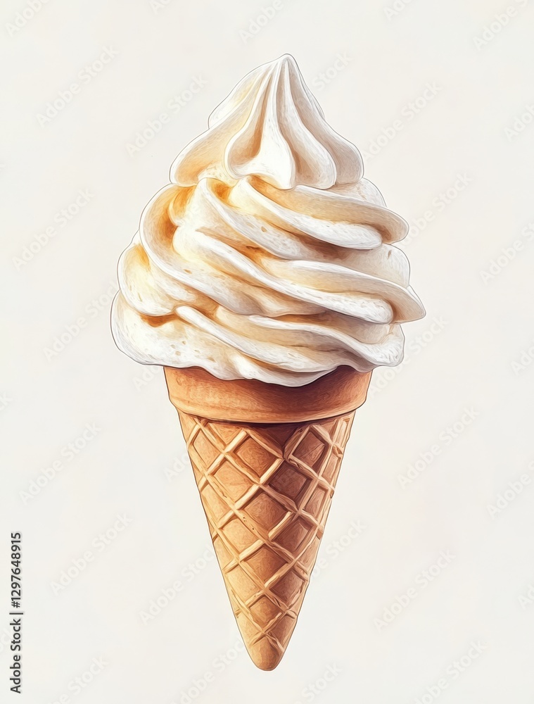 Creamy soft serve ice cream in a classic waffle cone with intricate detailing and smooth texture against a light background Creamy soft serve ice cream in a classic waffle cone with intricate detailing and smooth texture against a light background