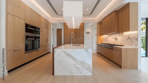 A contemporary kitchen with a waterfall marble island, wooden cabinetry, smart appliances, and ambient LED lighting creating a stylish yet functional space.