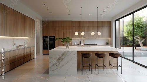 A contemporary kitchen with a waterfall marble island, wooden cabinetry, smart appliances, and ambient LED lighting creating a stylish yet functional space.