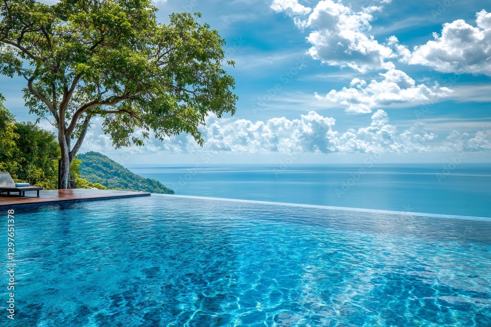 Fototapeta premium Infinity pool overlooking tropical ocean under cloudy sky