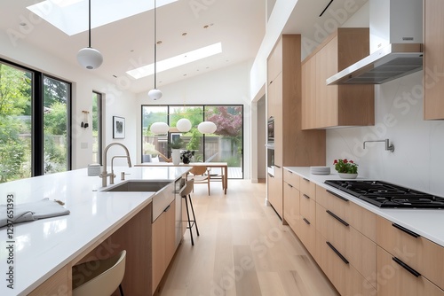 A sleek Scandinavian-inspired kitchen with white oak cabinets, matte black fixtures, and natural light pouring in through skylights for a bright and airy feel.