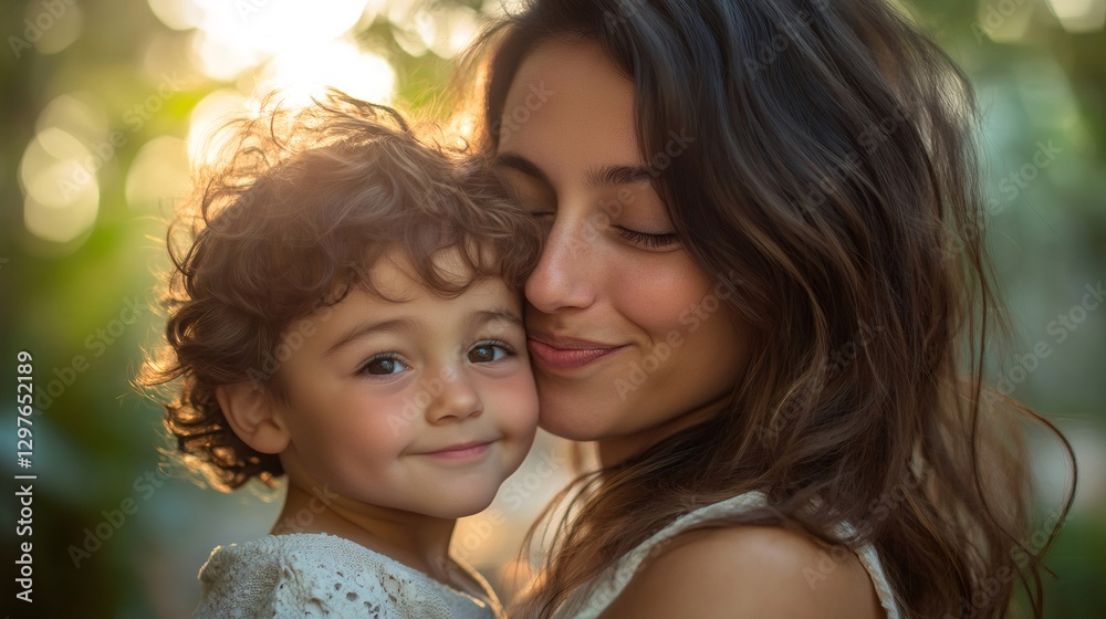 Mother cuddling her daughter in a park during sunset Mother cuddling her daughter in a park during sunset