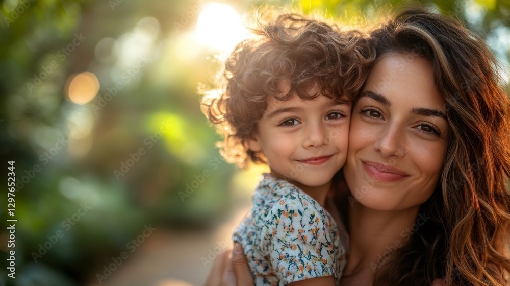 Fototapeta premium Mother embracing her child with love and tenderness in a beautiful park during golden hour