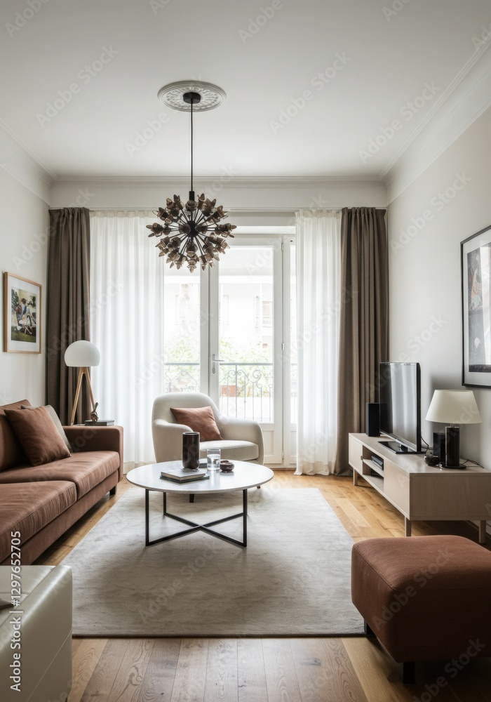 Fototapeta premium Chocolate Brown white cream Living Room design Retro Zen decor