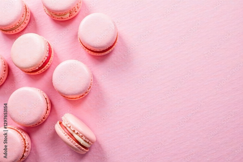Obraz premium Delightful Pink Macarons Arranged on a Soft Pink Background, Perfect for Culinary or Bakery Themes