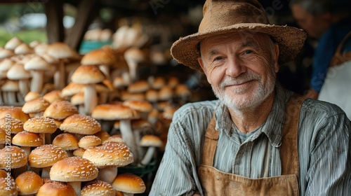 Smiling Elderly Man in Straw Hat and Apron at a Farmers Market Surrounded by Fresh Mushrooms