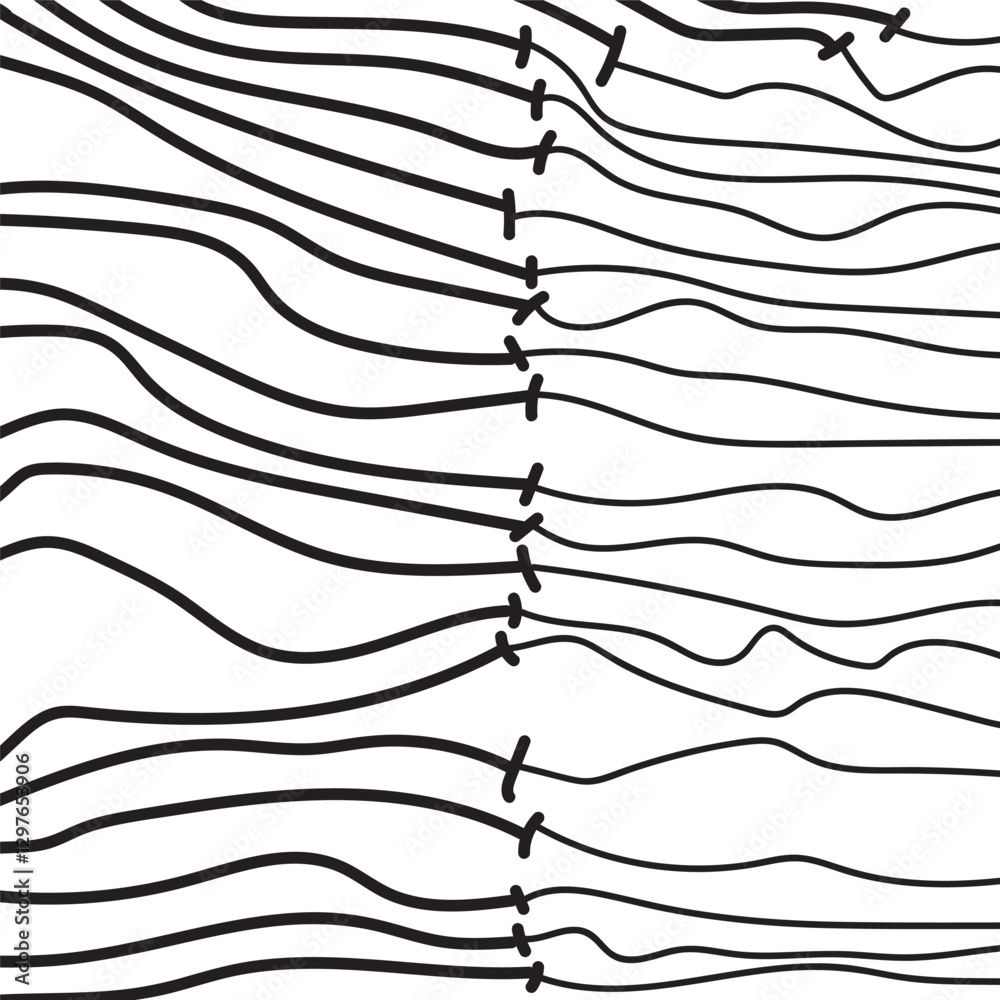A striped structure or texture in the form of curving lines of varying thickness, separated by vertical seams. A striped structure or texture in the form of curving lines of varying thickness, separated by vertical seams.