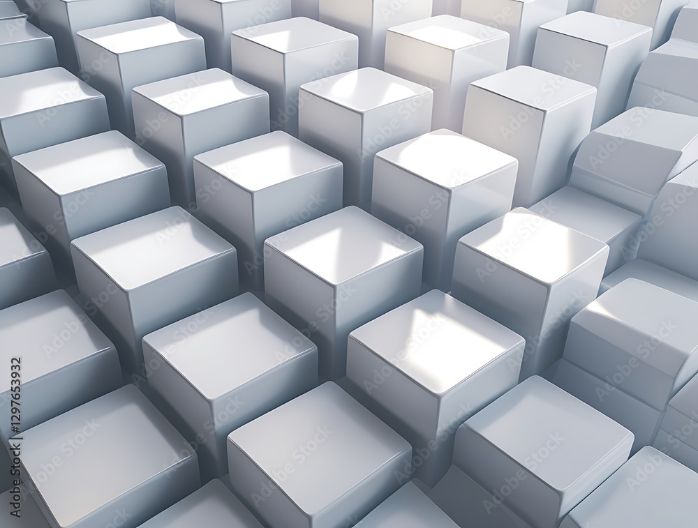 Abstract 3D rendering of glossy white cubes arranged in a uniform grid pattern with a single missing cube, creating a unique geometric design and minimalist futuristic concept.
Abstract 3D rendering of glossy white cubes arranged in a uniform grid pattern with a single missing cube, creating a unique geometric design and minimalist futuristic concept.