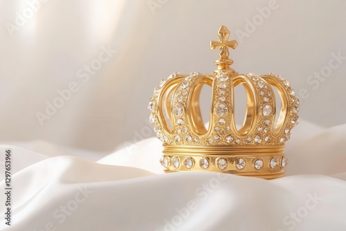 single gold crown rests tilted on a white field jewels glinting faintly soft light tracing its form a regal symbol of power in stark minimalist purity
