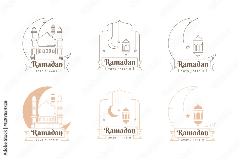 Ramadan kareem logo or badge icon featuring mosques moons stars and lanterns. Perfect for social media posts or greeting cards.