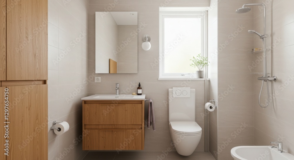 Soft gradient Light Walnut Bathroom design Boho Ryokan decor