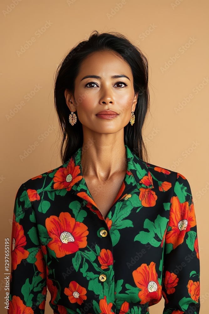 Confident Woman in Floral Patterned Shirt Against Warm Background Confident Woman in Floral Patterned Shirt Against Warm Background