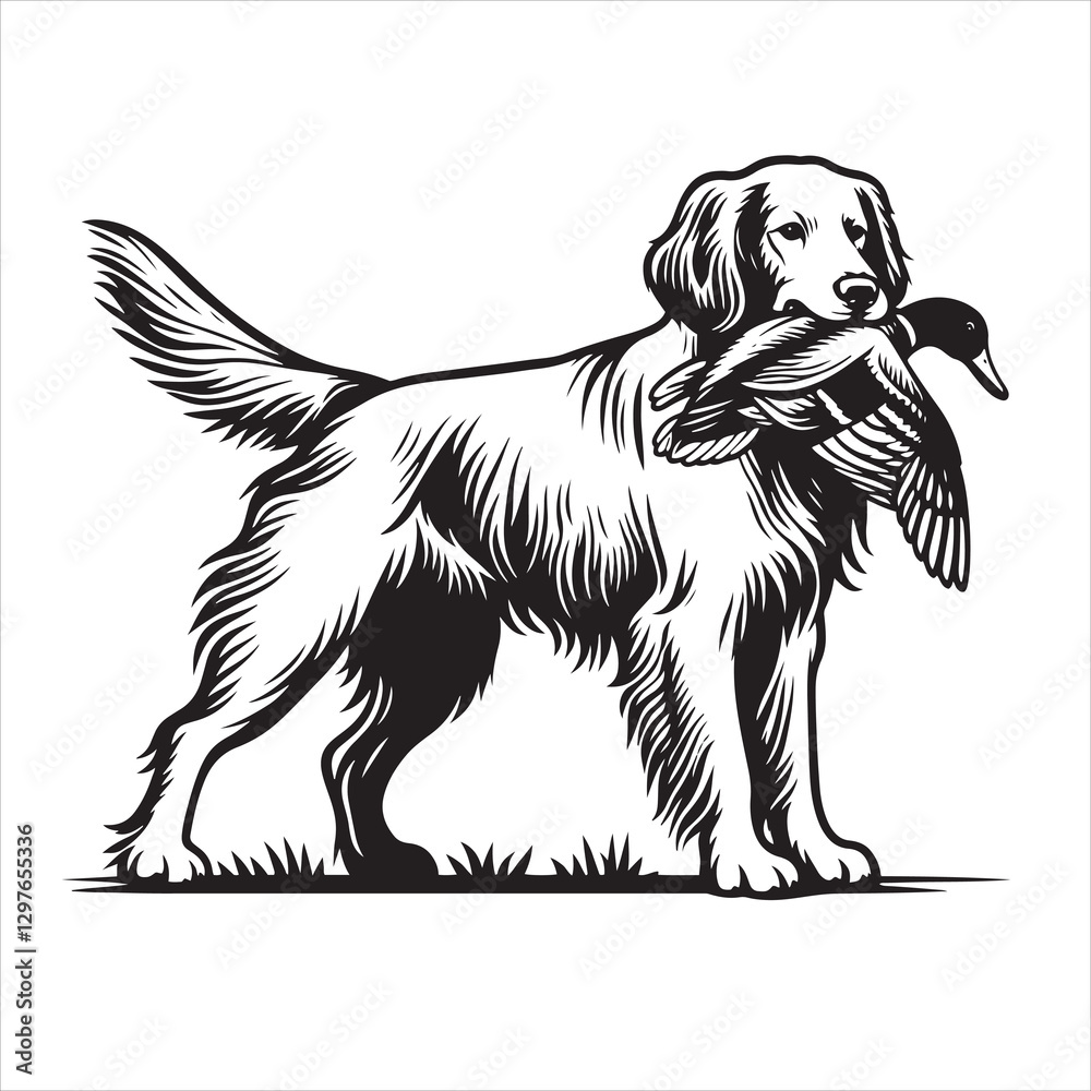 Fototapeta premium vector Labrador retriever/ Brittany Spaniel dog standing and holding a duck in its mouth