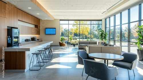 Modern office breakroom area with seating tables and counter space
