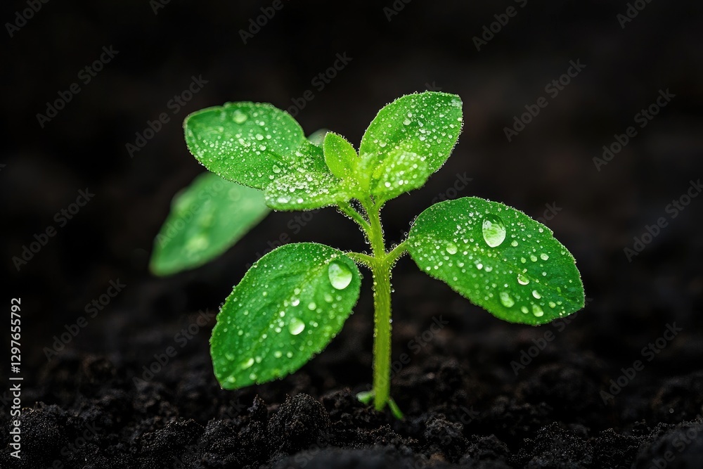 Naklejka premium Fresh Young Seedling with Dew Drops in Rich Soil