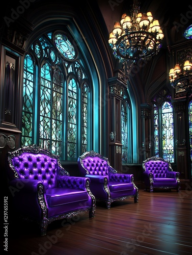 Opulent violet armchairs beneath a grandiose chandelier inside the mansion