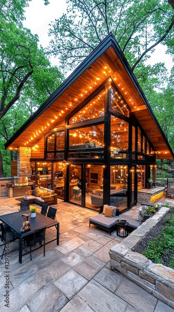 Modern glass house with outdoor living space forest setting real estate photography evening ambiance Modern glass house with outdoor living space forest setting real estate photography evening ambiance