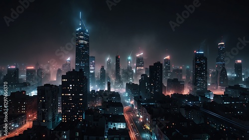 Wallpaper Mural eerie metropolitan nightscape with atmospheric mist and bright neon lights Torontodigital.ca