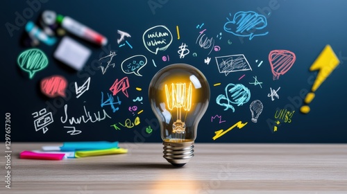 Illuminating ideas creative light bulb modern workspace digital artwork vibrant environment close-up view innovation