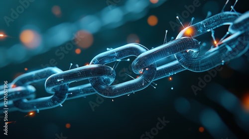 Interconnected chains closeup digital realm visual representation futuristic setting macro perspective chain concept