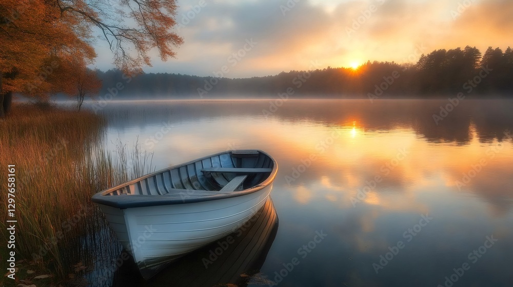 Lonely white boat floating on a lake during sunrise Lonely white boat floating on a lake during sunrise
