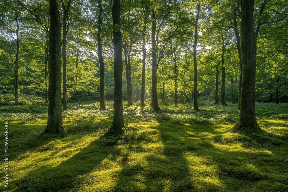 Obraz premium Sunlight filters through lush green trees in a serene forest setting during late afternoon, highlighting the vibrant foliage and soft ground cover