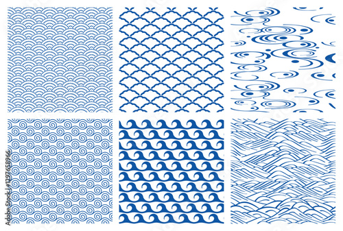 Horizontally And Vertically Repeatable Vector Seamless Japanese Vintage  Patterns Set. 