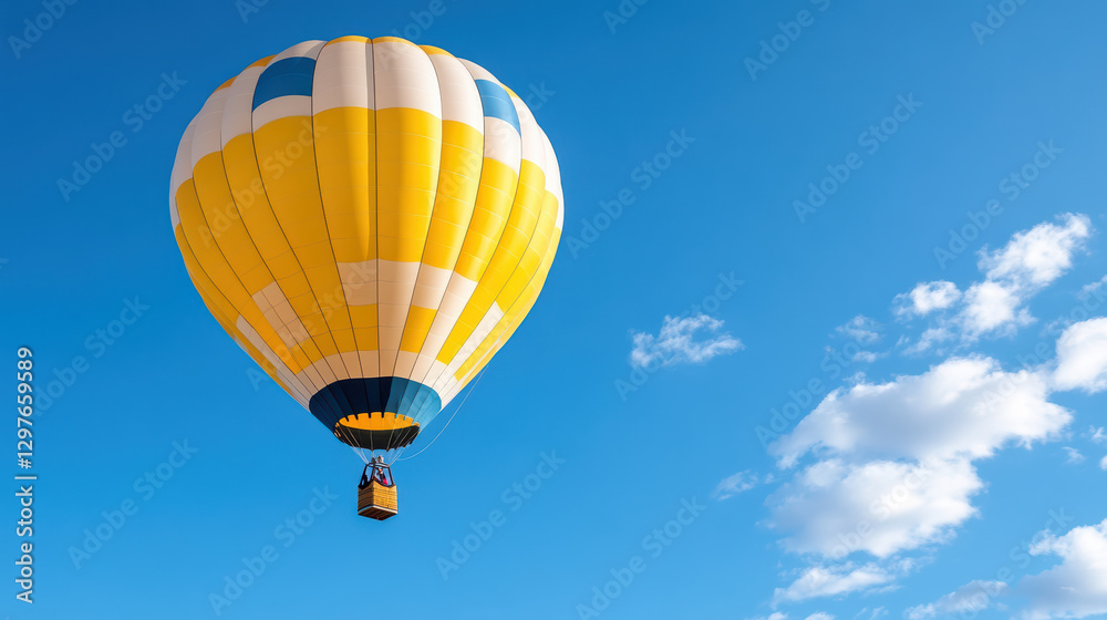 Fototapeta premium bright, colorful hot air balloon rising into clear blue sky