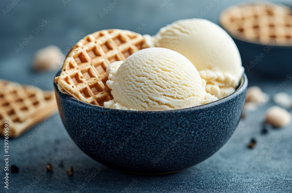 Creamy vanilla ice cream scoops in a dark bowl with crispy waffle cones on a textured gray surface, ideal for dessert or food-related themes Creamy vanilla ice cream scoops in a dark bowl with crispy waffle cones on a textured gray surface, ideal for dessert or food-related themes