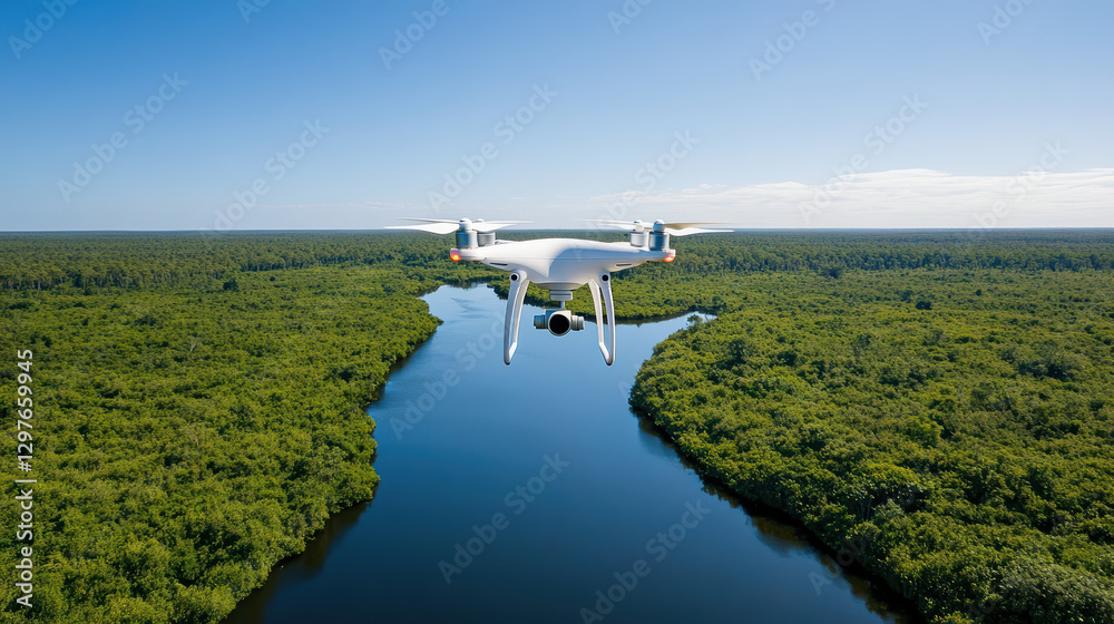 drone flying over lush green forest and river, monitoring ecosystem drone flying over lush green forest and river, monitoring ecosystem