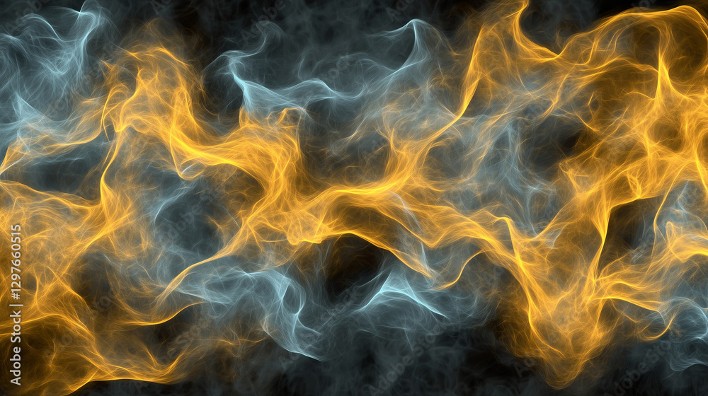 Golden and blue smoke swirling with abstract fluid motion on dark background. Energy and fire concept Golden and blue smoke swirling with abstract fluid motion on dark background. Energy and fire concept