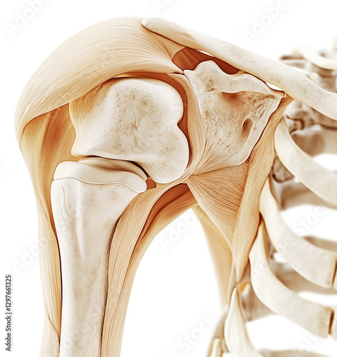 Anatomical illustration of human shoulder joint showing bones and muscles in detail