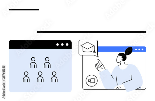 Woman teaching online points to graduation icon with students in video call grid. Ideal for online education, e-learning, mentoring, webinars, distance communication, virtual teamwork, abstract line