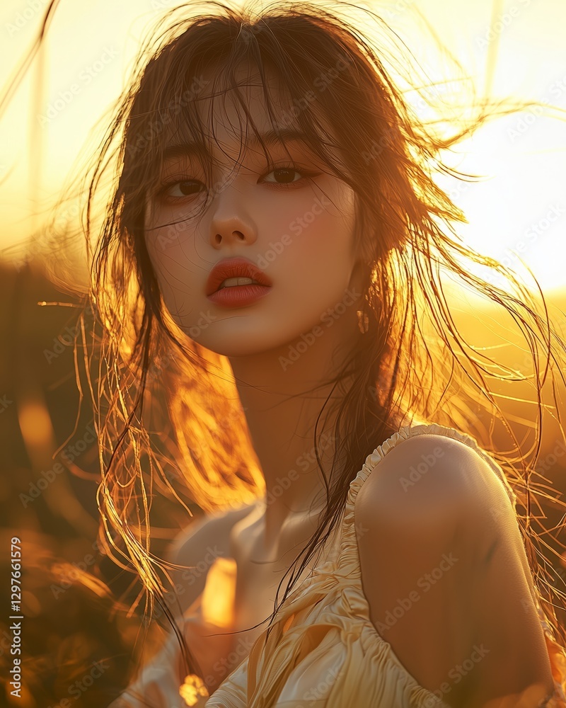 Portrait of a Young Woman with Sunlit Hair Against a Golden Background