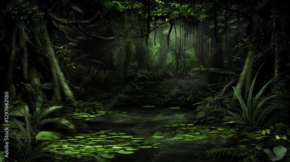 Fototapeta premium Dark Lush Rainforest at Night with Still Water