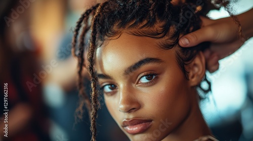 Young woman with short hair posing confidently in a stylish salon during daylight