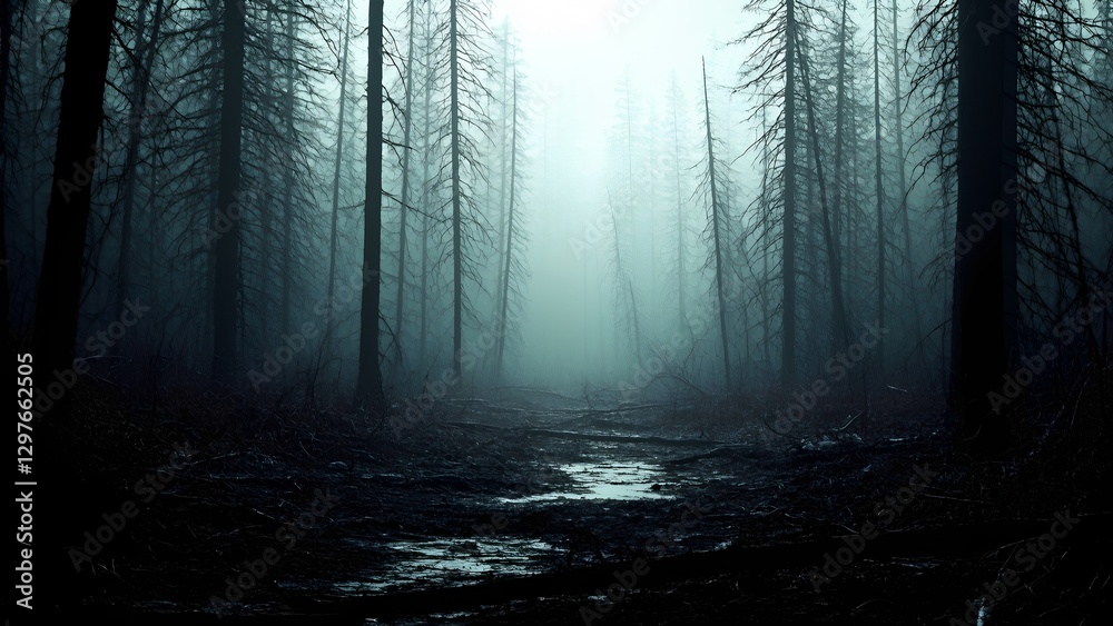 Naklejka premium Dark desolate forest with dead trees, Broken braces, Scary.