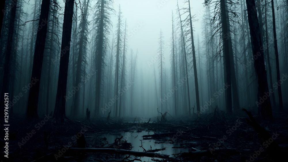 Naklejka premium Dark desolate forest with dead trees, Broken braces, Scary.