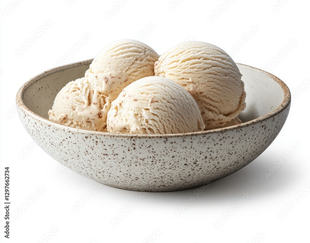 Creamy vanilla ice cream scoops served in a rustic stoneware bowl on a white background for delicious dessert and food photography needs Creamy vanilla ice cream scoops served in a rustic stoneware bowl on a white background for delicious dessert and food photography needs