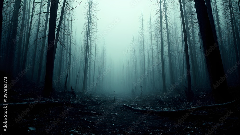 Naklejka premium Dark desolate forest with dead trees, Broken braces, Scary.