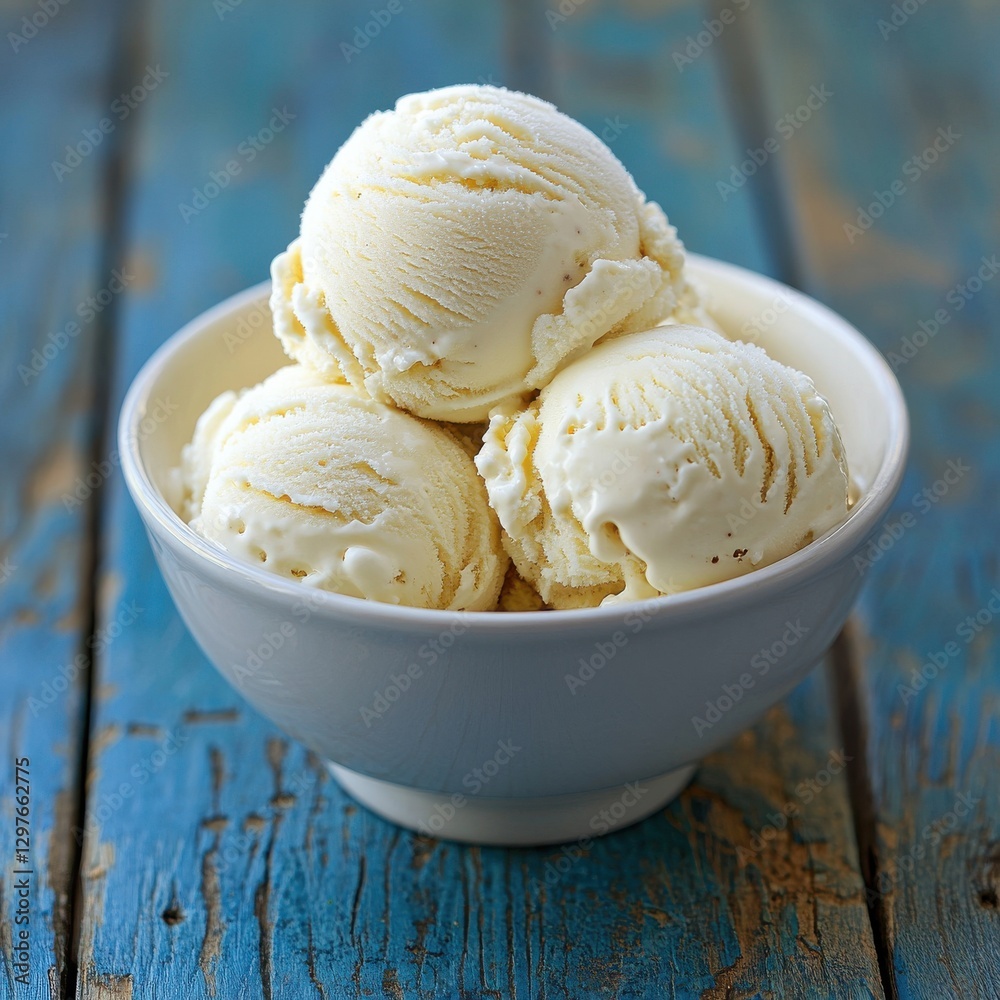 Creamy vanilla ice cream scoops served in a white bowl on a rustic blue wooden table background showcasing delicious dessert choices for summer enjoyment Creamy vanilla ice cream scoops served in a white bowl on a rustic blue wooden table background showcasing delicious dessert choices for summer enjoyment