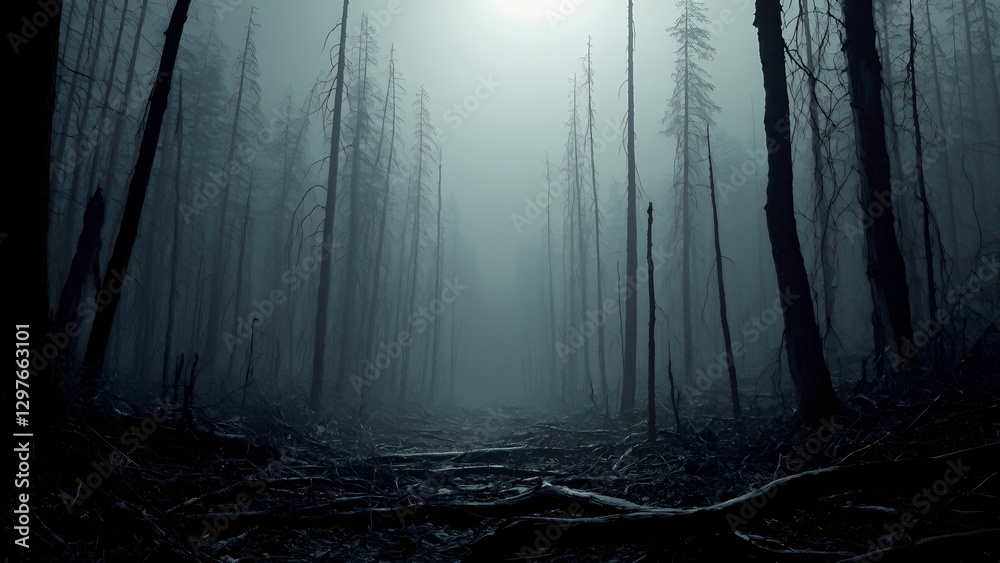 Obraz premium Dark desolate forest with dead trees, Broken braces, Scary.