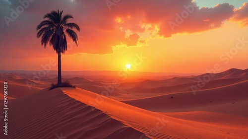 A solitary palm tree stands tall on a dune, silhouetted against a vibrant sunset over rolling desert sands.