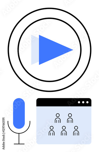 Play button inside circles, microphone icon, and participant interface window. Ideal for media, streaming, communication, education, technology virtual meetings networking. Abstract line flat