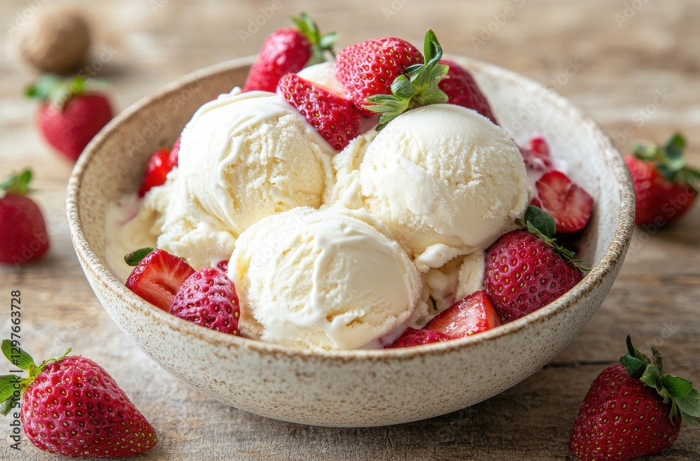 Creamy Vanilla Ice Cream Scoops Topped with Fresh Strawberries in a Rustic Bowl on a Wooden Table Creamy Vanilla Ice Cream Scoops Topped with Fresh Strawberries in a Rustic Bowl on a Wooden Table