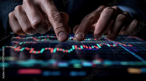 Hands Analyzing Financial Data on Touchscreen Tablet Interface